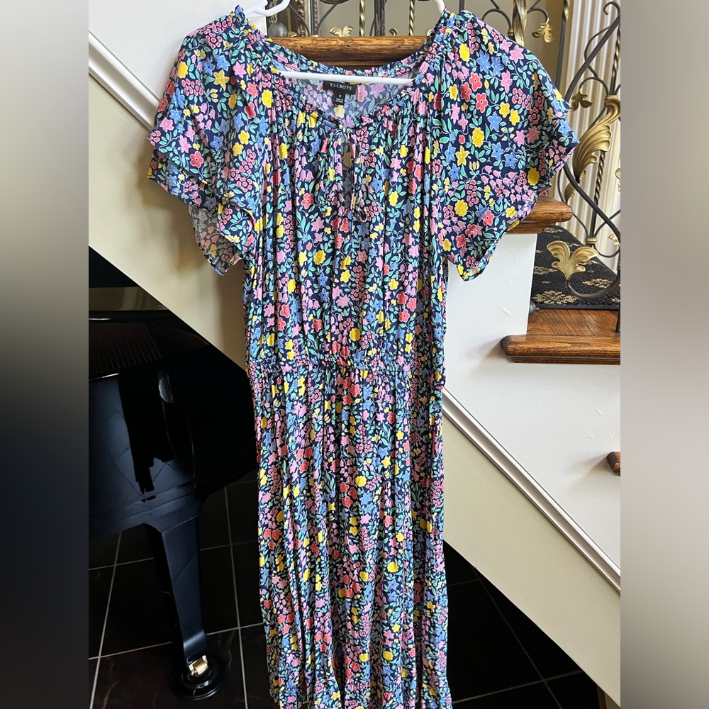 Talbots Navy Floral Midi Dress with Pink Yellow Blue Accents size 6